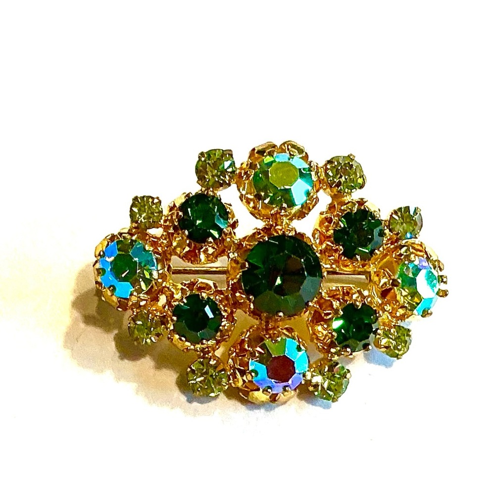 Vintage Austria Green and AB Blue Rhinestones and Gold Tone Brooch